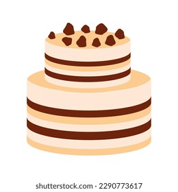 Hochzeit- oder Geburtstagskuchen. Zweistufiger Puff-Kuchen in nicht-braunen Farben. Vektorgrafik-Nachtisch-Symbol einzeln auf weißem Hintergrund. Flaches Illustration für Jubiläen, Hochzeiten, Geburtstage, Partys.