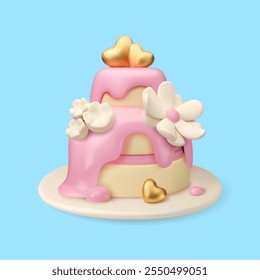 Boda o Vector de pastel de cumpleaños 3D icono. Postre de chocolate rosa con corazones de oro y flor. Elegante ilustración de dibujos animados aislados sobre fondo azul