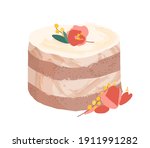 Wedding or birthday dessert decorated with flowers, leaves and yellow berries. Festive layered chocolate sponge cake with vanilla cream. Colored vector illustration isolated on white background