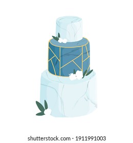 Wedding or birthday dessert decorated with flowers, leaves and golden geometric ornament. Festive three-tiered blue cake with marble frosting. Colored vector illustration isolated on white background