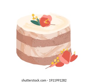 Wedding or birthday dessert decorated with flowers, leaves and yellow berries. Festive layered chocolate sponge cake with vanilla cream. Colored vector illustration isolated on white background