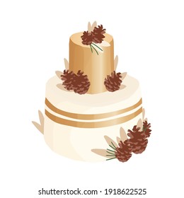 Wedding or birthday dessert decorated with pine cones and needles. Festive two-tiered vanilla cake with golden frosting. Colored vector illustration isolated on white background