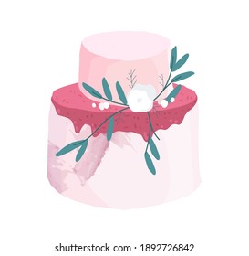 Boda o postre de cumpleaños decorado con ramas de flores blancas y hojas. Pastel rosa de dos niveles con sabor a arándano. Ilustración vectorial de color aislada en fondo blanco.