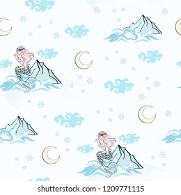 Wedding Birthday Holiday Party Merry Christmas New Year Seamless Pattern MOUNTAIN MERMAID Color Vector Illustration
