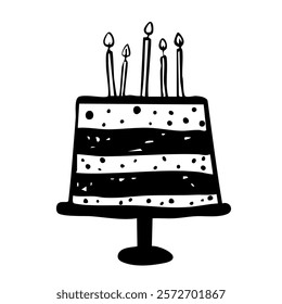 Wedding birthday party event greeting cake with candles, cream, decoration hand drawn doodle sketch.