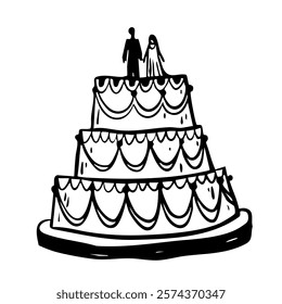 Wedding birthday party event greeting cake with candles, cream, decoration hand drawn doodle sketch.