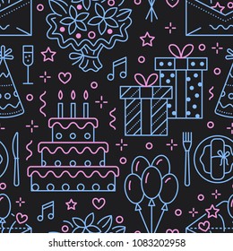 Wedding, birthday party seamless pattern, flat line illustration. Vector icons of event agency, organization - balloons, gifts, invitation, flowers. Black blue pink repeated background.