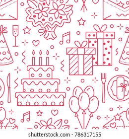 Wedding, birthday party seamless pattern, flat line illustration. Vector icons of event agency, organization - balloons, gifts, invitation, flowers. Cute pink repeated background.