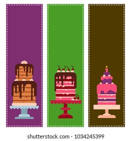 Wedding or Birthday pie cakes cards flat sweets dessert bakery ceremony delicious vector illustration.