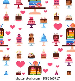 Wedding or Birthday pie cakes flat sweets dessert bakery ceremony delicious seamless pattern background vector illustration.