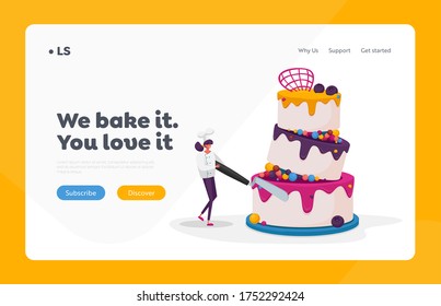 Wedding or Birthday Pie with Cream, Mousse and Glaze Landing Page Template Tiny Confectioner Female Character in Chief Uniform and Toque Decorate Huge Festive Cake. Cartoon Vector Illustration