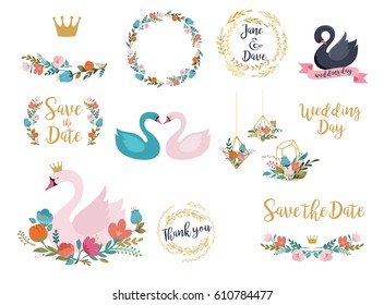 Wedding and birthday set with swan illustrations, lettering, flowers and elements