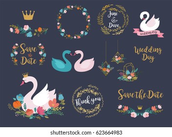 Wedding and birthday set with swan illustrations, lettering, flowers and elements