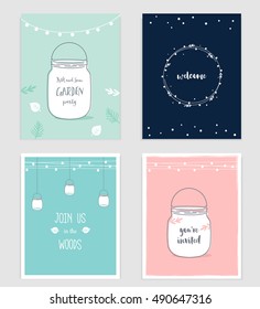 Wedding, Birthday, Shower Party Invitations with Mason Jars and Festoon Lights Garlands. Woods and Garden Theme. Vector Illustration