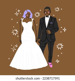 Wedding black couple vector illustration of man and woman just married. For greeting card design template. Happy bridegroom and  bride  in wedding dress.A loving couple is standing 