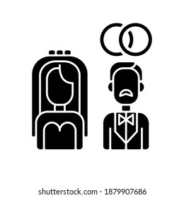 Wedding black glyph icon. Heterosexual relationship. Man and woman engagement ceremony. Bride and groom. Married couple. Silhouette symbol on white space. Vector isolated illustration