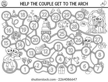 Wedding black and white dice board game for children with cute just married couple, bride, groom, arch. Marriage ceremony boardgame.  Matrimonial printable activity, coloring page
