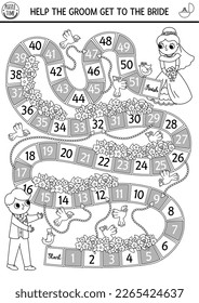 Wedding black and white dice board game for children with cute just married couple, groom, bride, rings. Marriage ceremony boardgame.  Matrimonial printable activity, coloring page
