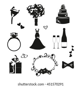 Wedding black and white icons set vector isolated on white background. Wedding vector signs for scrap booking or your design.