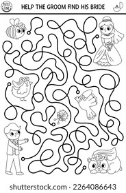 Wedding black and white maze for kids with just married couple, bride, groom, animals wearing veil. Marriage ceremony preschool printable activity, coloring page. Matrimonial labyrinth game
