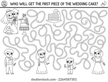 Wedding black and white maze for kids with bride and groom cutting the cake. Marriage ceremony preschool printable activity, coloring page. Matrimonial labyrinth game with guests
