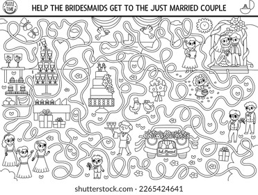 Wedding black and white maze for kids with bride, groom, cake, bridesmaids. Preschool printable activity with marriage ceremony scene. Matrimonial labyrinth coloring page
