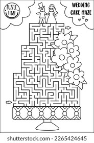 Wedding black and white maze for kids with big cake, bride and groom figurines. Marriage ceremony preschool printable activity. Matrimonial labyrinth coloring page with dessert and flowers
