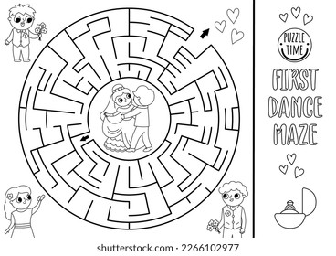 Wedding black and white maze for kids with dancing bride and groom. Marriage printable activity. Matrimonial labyrinth coloring page. Puzzle with just married couple and first dance
