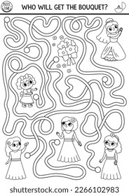 Wedding black and white maze for kids with bride, flower bouquets and bridesmaids. Marriage ceremony preschool printable activity. Matrimonial labyrinth game with cute girls in gowns
