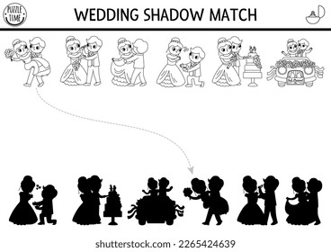 Wedding black and white shadow matching activity with bride, groom. Marriage ceremony puzzle with cute just married couple. Find correct silhouette printable worksheet, coloring page for kids
