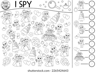 Wedding black and white I spy game for kids. Searching and counting activity or coloring page. Marriage ceremony printable worksheet. Simple spotting puzzle with bride, groom, honeymoon car, cake
