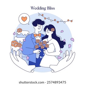 Wedding Bliss concept. A bride and groom share a loving moment surrounded by roses and a cake, encapsulated by caring hands. Vector illustration.