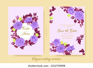 Wedding Blue Roses, Vintage Invitation Design. Flowers Wreath with Pink Leaves and Elegant Decorative Elements. Wedding Invite Drawing in Watercolor Style. Romantic Botanical Border, Wedding Frame.