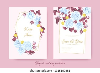 Wedding Blue Roses, Vintage Invitation Design. Flowers Wreath with Pink Leaves and Elegant Decorative Elements. Wedding Invite Drawing in Watercolor Style. Romantic Botanical Border, Wedding Frame.