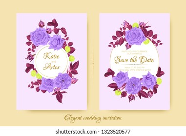 Wedding Blue Roses, Vintage Invitation Design. Flowers Wreath with Pink Leaves and Elegant Decorative Elements. Wedding Invite Drawing in Watercolor Style. Romantic Botanical Border, Wedding Frame.