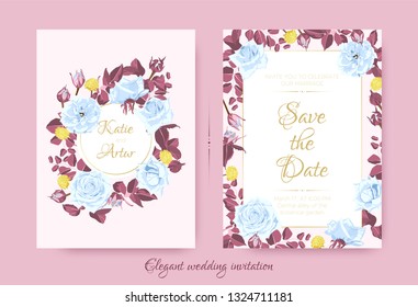 Wedding Blue Roses, Vintage Invitation Design. Flowers Wreath with Pink Leaves and Elegant Decorative Elements. Wedding Invite Drawing in Watercolor Style. Romantic Botanical Border, Wedding Frame.