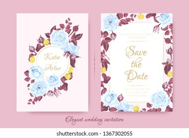 Wedding Blue Roses, Vintage Invitation Design. Flowers Wreath with Pink Leaves and Elegant Decorative Elements. Wedding Invite Drawing in Watercolor Style. Romantic Botanical Border, Wedding Frame.