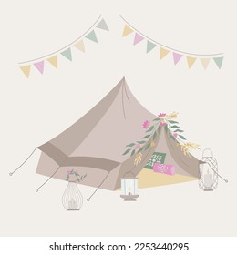 Wedding boho tent vector illustration. Bogemian tipi with flowers at summer event.