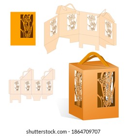 Wedding Bonbonniere with Die Cut. Openwork Box with  Lace Silhouette of Butterfly. Paper Lantern Laser Cutting Template. Practical Vector Illustration on Transparent Background.