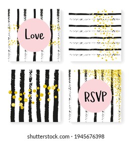Wedding Border. Golden Stylish Cover. Metallic Brochure Set. Scatter Flyer. White Branding Particles. Black Magic Starburst. Stripe Trendy Textile. Stripe Wedding Border