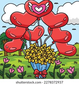 Wedding Bouquet With Balloon Heart Colored Cartoon