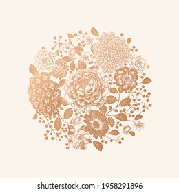 Wedding bouquet of beautiful flowers, tree branches, leaves, Vector illustration. Delicate pastel background and gold foil. Luxury decor for invitations, compliment, wedding decoration. Vintage.