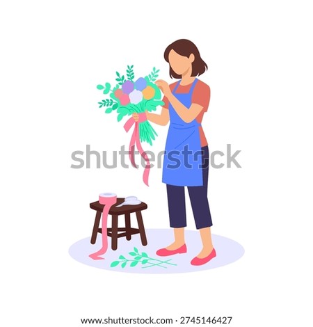 Wedding Bouquet, creating elegant bridal floral arrangement, Flat vector character illustration