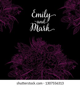 Wedding bouquet is drawn in one line. The bouquet of peonies, eucalyptus, leaves of different greens and flowers. Vector illustration for a wedding pig. Place for your text, template.