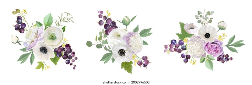 Wedding bouquet floral set. Black currant, peonies, anemones, rose flowers, berry fruits, leaves illustration. Vector watercolor template graphic elements for Save the Date, modern invitation