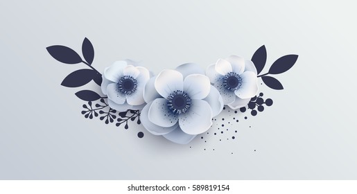 Wedding Bouquet of flowers anemones. Vector illustration of a delicate white floral arrangement. Realistic style with shadow, anemones. Bouquet can be used for advertising, promotions.