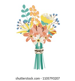 Wedding bouquet with flowers, seeded and silver dollar eucalyptus greenery. Vector illustration,