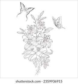 Wedding Bouquet with Lily. Line Art Illustration.