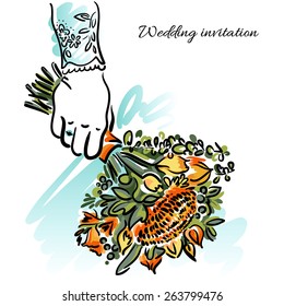 Wedding bouquet with orange aster and other flowers on the white background. Wedding invitation.