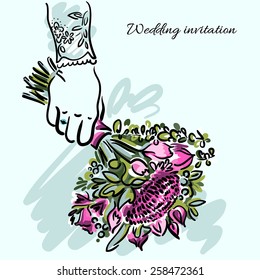 Wedding bouquet with purple aster and other flowers. Wedding invitation.